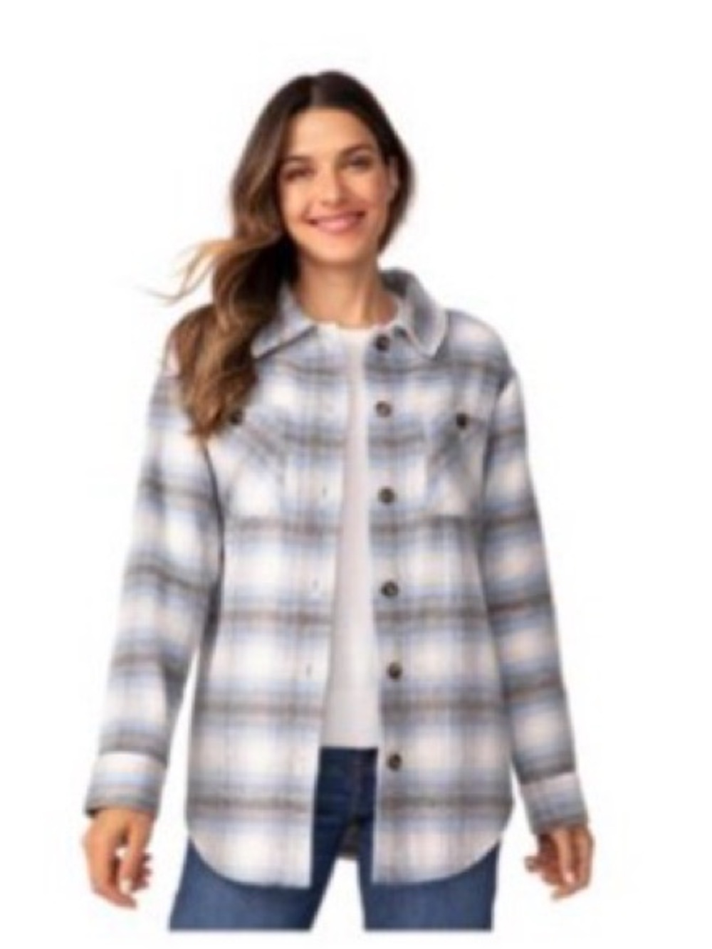 Plaid Button-Front Shacket Jacket - Cloud